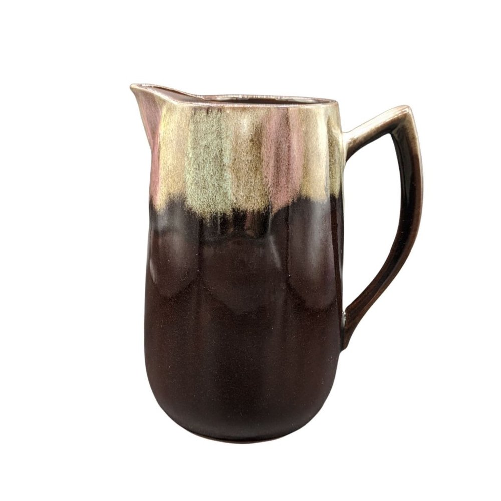 Brown Drip Redware Pitcher  w Ice Lip Color Splash Pink Green Glazed Terracotta